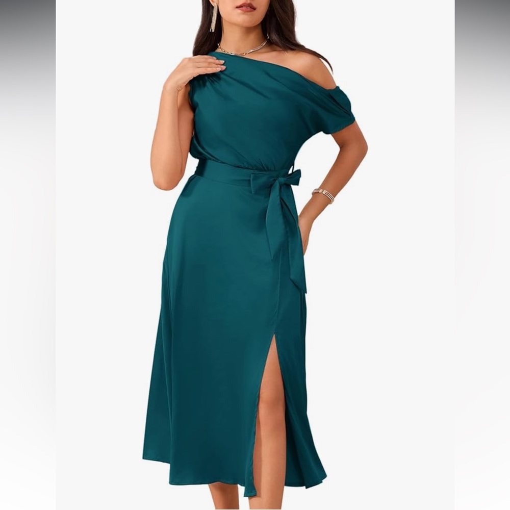 Dark Teal Blue Off Shoulder Satin Midi Dress